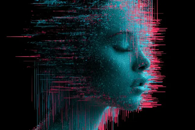 Digital art depicting a subject pixelating into data particles, with cascading fragments and glitch effects in contrasting colors.