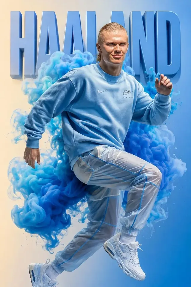 A world-class football player in mid-stride, wearing premium sportswear, surrounded by a dramatic explosion of colored smoke against a monochromatic gradient background with large 3D typography.