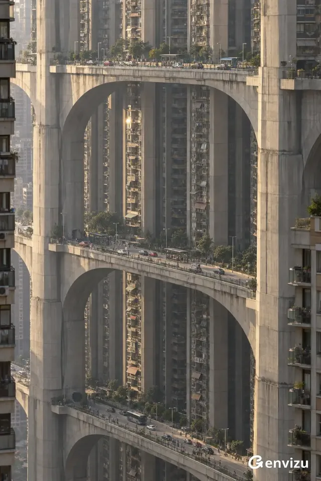 A vast, fictional concrete megacity fills the frame, shot with a telephoto lens from a distance. Compressed perspective makes towering residential blocks and elevated roadways appear immense, with tiny cars and pedestrians for scale. Warm, low-angle sunlight highlights textured concrete surfaces.
