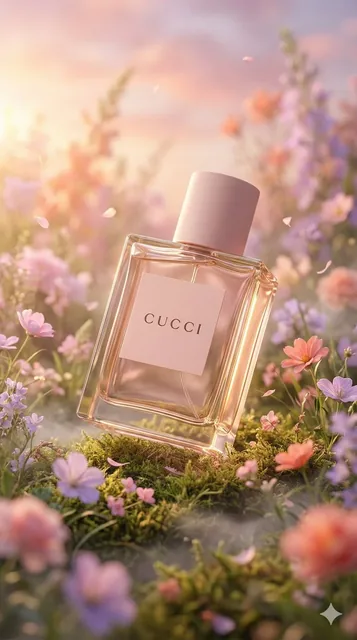A hyper-realistic, ultra-detailed photograph of a transparent luxury perfume bottle with a blush-pink 'CUCCI' label and cap, placed diagonally in a miniature fantasy meadow with so