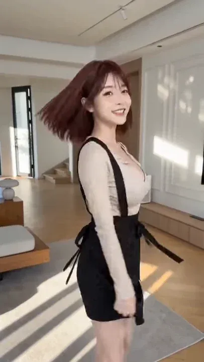 POV perspective of a woman reacting to instant outfit changes, with a hand holding a remote control visible at the bottom.