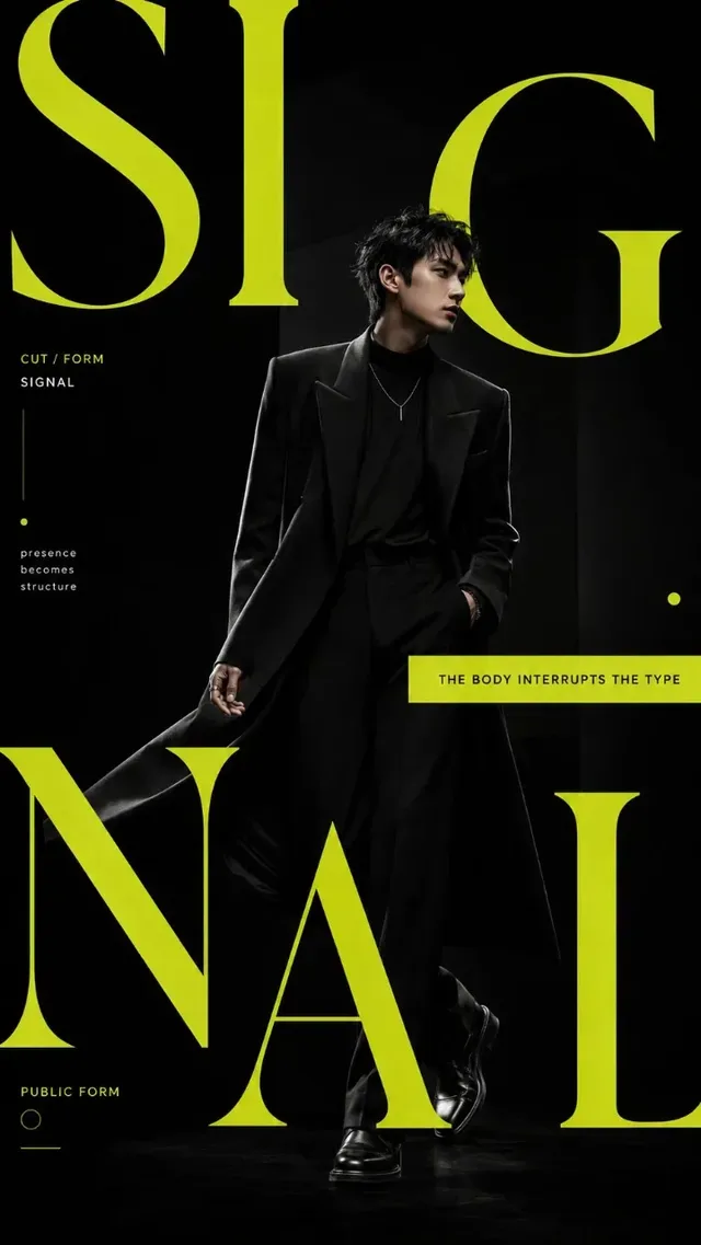 High-fashion editorial poster featuring a model interacting with oversized typography and an acrylic frame, with vertical slicing and structural layout.