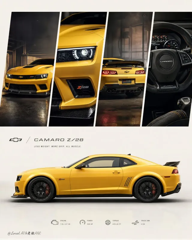 A premium Chevrolet Camaro Z/28 performance poster featuring segmented action shots in the upper half and a full side-profile hero image of the car in the lower half, with minimalist typography and data.