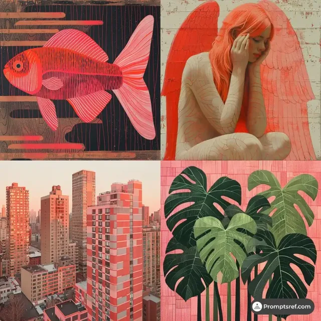 Retro-style illustration with coral, pink, and green colors, featuring delicate line art and textured flat design.