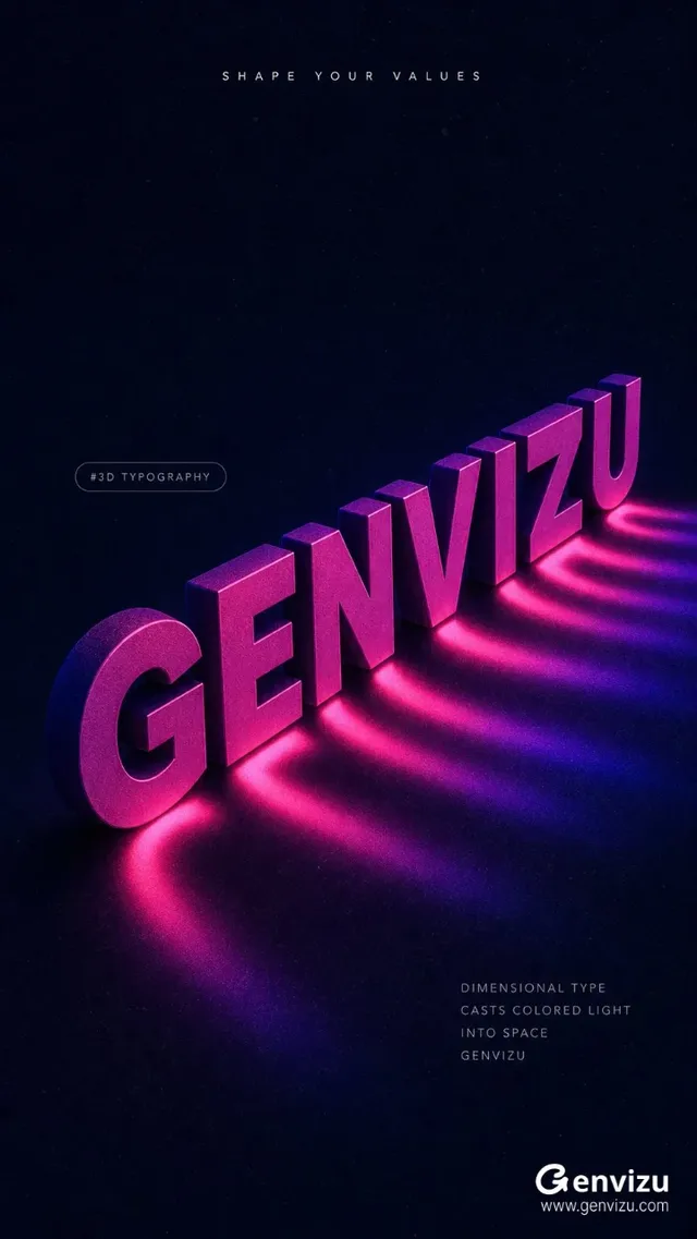 Vertical poster with large, extruded 3D sans-serif letters 'GENVIZU' in magenta and red, angled across the lower half. The letters cast exaggerated, soft-focus neon shadows in pink and blue-purple. A small capsule tag '#3D TYPOGRAPHY' is on the left.