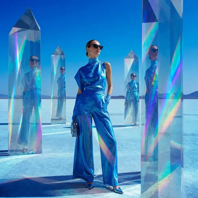 A luxurious scene set within a desert landscape made of shimmering crystals.
