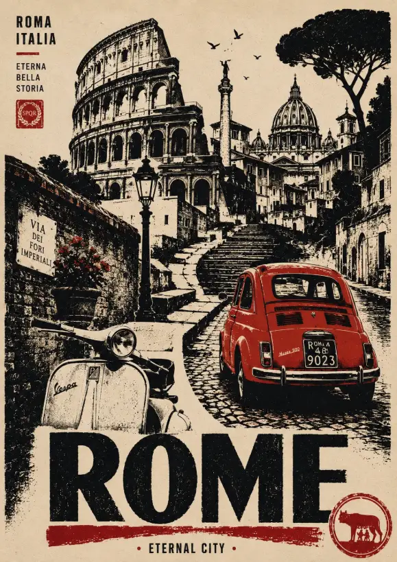 Vintage travel poster with distressed textures, limited color palette, and bold typography, capturing the unique character of a city.
