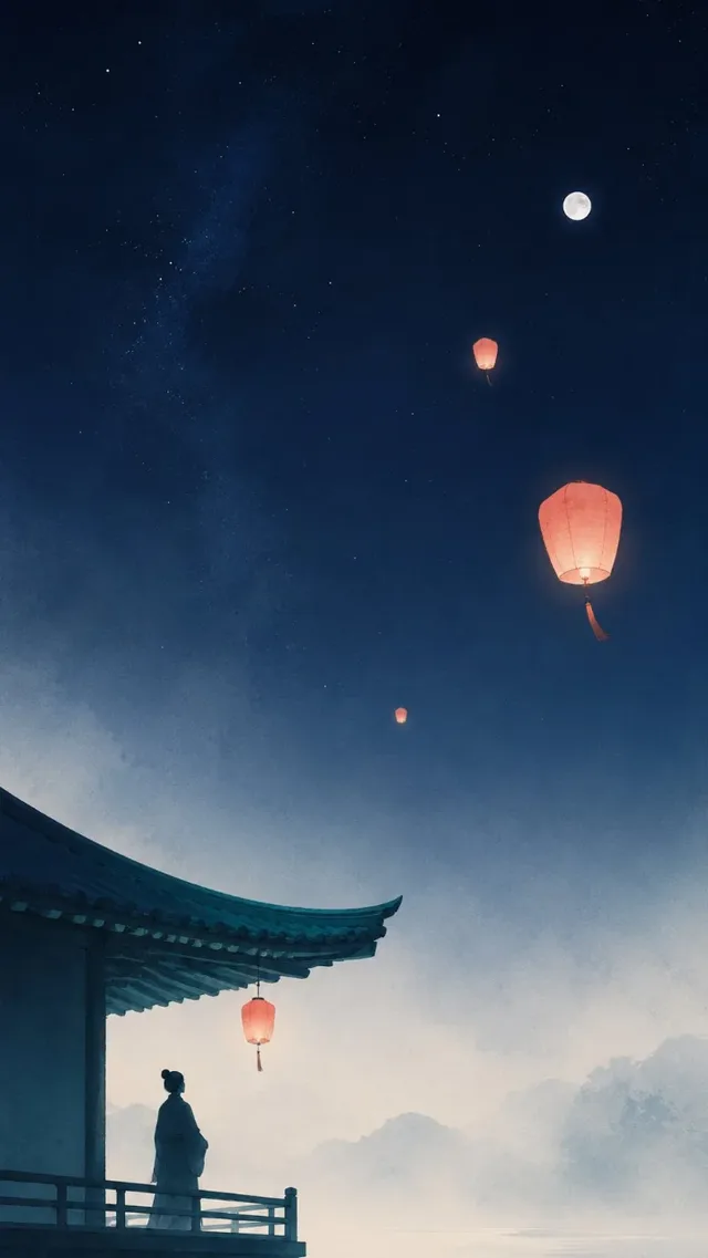 A minimalist poster with a vertical composition. A silhouetted figure stands under a dark blue roof, looking at a few glowing coral-orange lanterns against a deep indigo night sky.