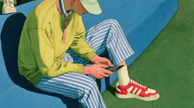 A young person wearing a yellow sweatshirt, light green cap, and striped pants, sitting on a blue surface and looking at their smartphone, rendered in a retro anime illustration style.