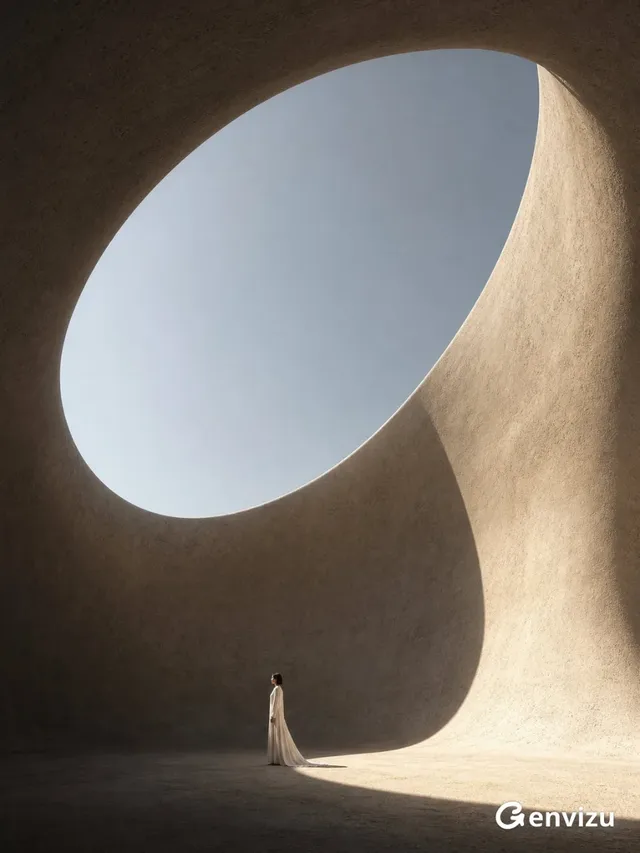 A lone woman in a flowing white robe stands small in a vast, minimalist architectural interior with curved sandstone walls. A large, oval skylight illuminates the space, casting dramatic shadows and a bright light band on the floor.