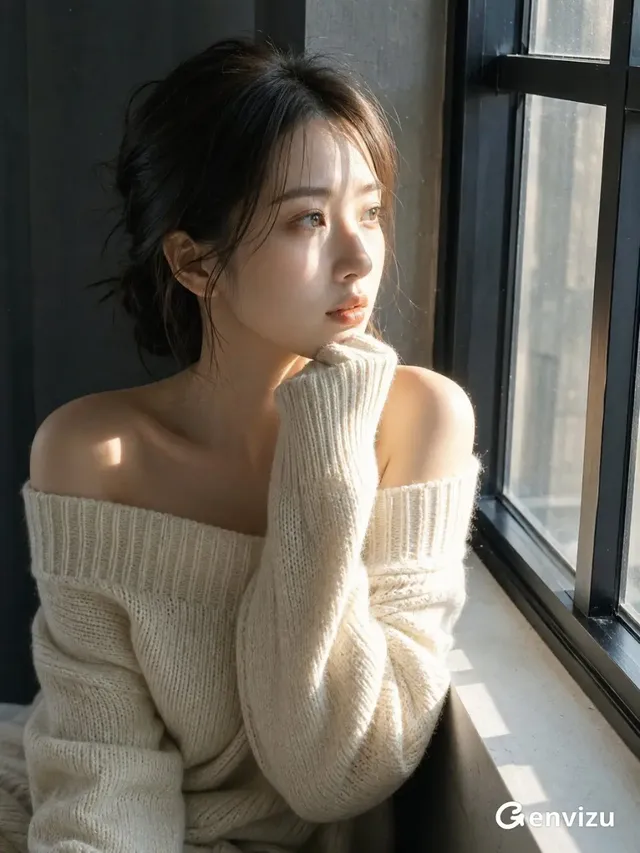 A young East Asian woman with dark hair, wearing an oversized ivory knit sweater off one shoulder, rests her hand under her chin and gazes out a window with a contemplative expression. Strong winter sunlight illuminates her face and collarbones, casting deep shadows.