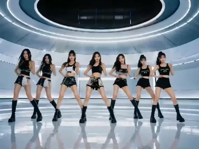 A collage of AI-generated images depicting a K-pop girl group in various stylish settings, suggesting a music video.