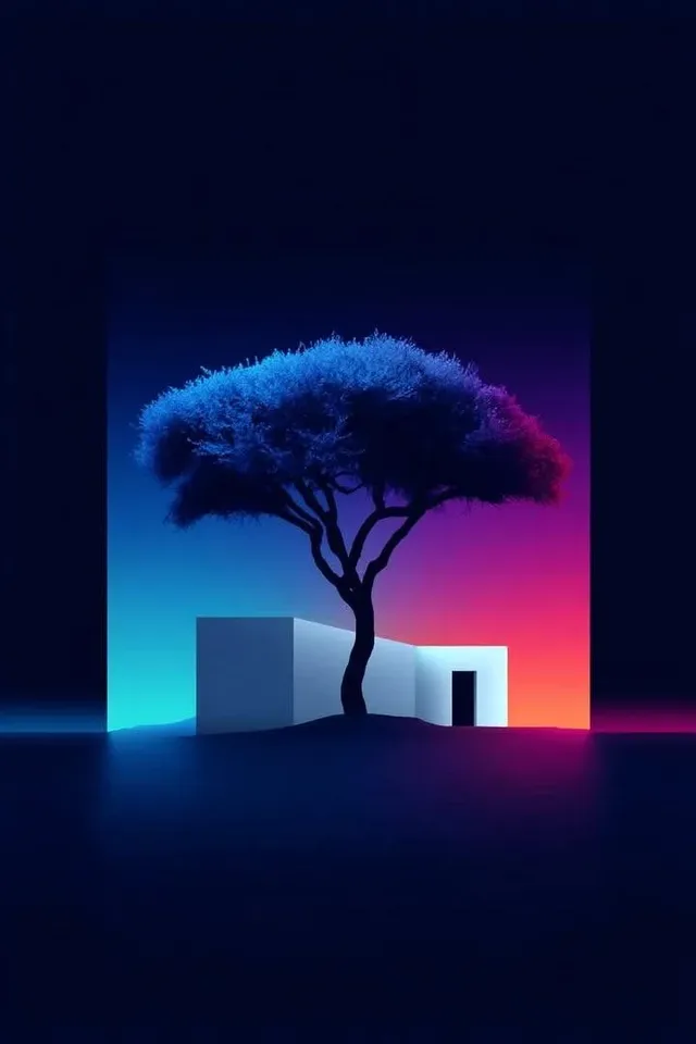 Minimalist cinematic portrait with smooth blue and magenta gradients, centered composition, deep shadows, and a calm futuristic mood, presented in 8K quality.