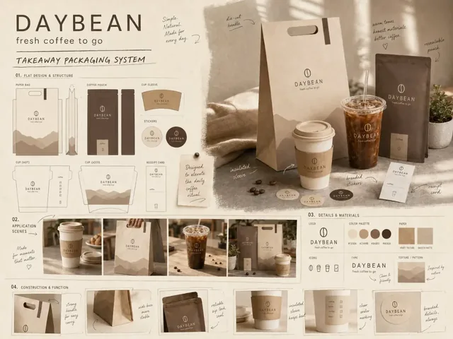 Collage of four distinct food and drink packaging mockups for brands like DAYBEAN coffee, 竹间茶, OVEN MOOD bakery, and GREEN YARD healthy food.