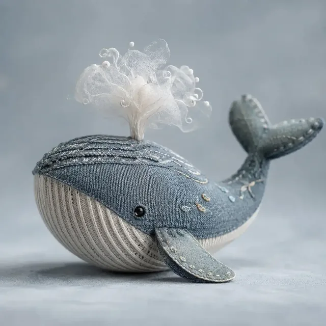 A minimalist sculpture made of knitted fabric, felt, yarn, and embroidery floss, featuring visible stitching and layered textures, presented with soft lighting and a shallow depth of field.