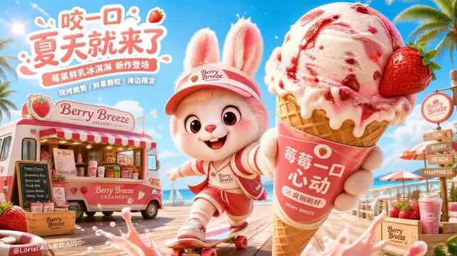 A giant, delicious strawberry-and-cream ice cream cone fills the foreground, held by a cute, energetic mascot character. A branded ice cream truck is in the background on a sunny beach boardwalk, with palm trees and parasols.