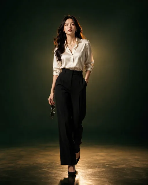 Full-body editorial portrait of a beautiful East Asian woman walking confidently towards the camera, wearing an ivory silk blouse, black wide-leg trousers, and holding black sunglasses. She has long wavy black hair and minimal gold jewelry. The background is an emerald green gradient with a golden spotlight.