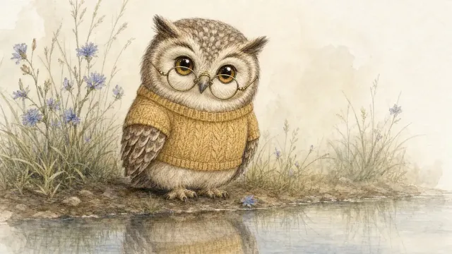 A fluffy anthropomorphic owl wearing round reading glasses and a mustard-yellow knitted sweater stands by water, depicted in a soft watercolor and colored pencil style.