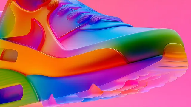 A close-up, dynamic 3D render of a sneaker with a vibrant rainbow gradient, set against a bright pink background.