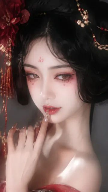 Close-up portrait of a young woman with classical Chinese makeup and hairstyle, cool white skin, red lips, and intricate hair accessories, looking slightly down and away from the camera.