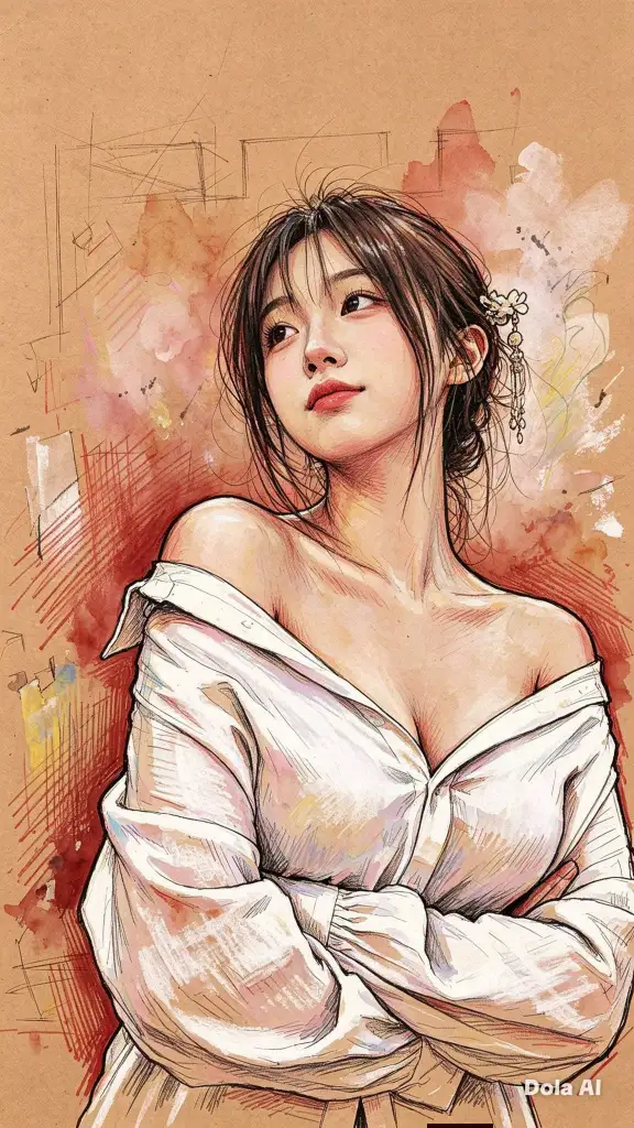 Expressive mixed-media illustration of a portrait on reddish-brown kraft paper, featuring abstract colored pencil and watercolor background, with graphite and ink details.