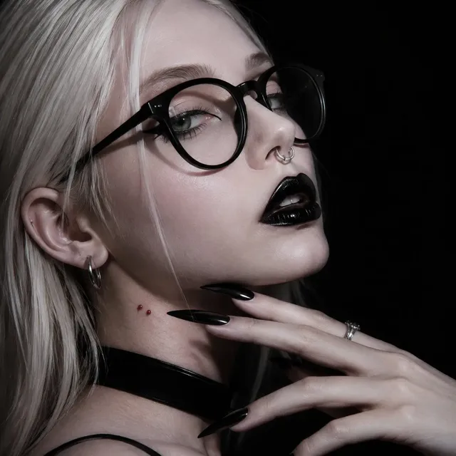 Close-up portrait of a woman with platinum blonde hair, wearing black-rimmed glasses and black lipstick. She has emerald green eyes and a silver nose ring. Her hand with long black nails is near her chin. She has a dark, gothic fashion magazine aesthetic.