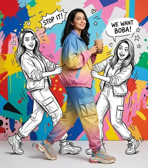 A realistic person in colorful streetwear walks with a bubble tea, playfully pulled by two exaggerated doodle characters.