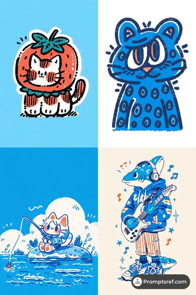 Retro childlike doodle illustration featuring bold black outlines, flat colors in blue and orange, and a grainy texture, evoking a playful and naive aesthetic.