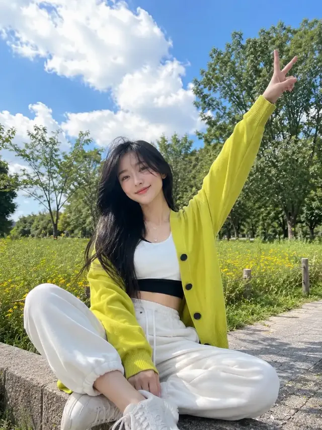 A cheerful young woman with long dark hair, wearing a neon yellow cardigan and cream pants, sits on a concrete ledge in a lush park, arms wide and one hand making a peace sign.