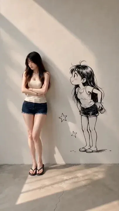 A split screen showing a live-action woman on one side and a hand-drawn graffiti character on the other, interacting through animation and visual effects.
