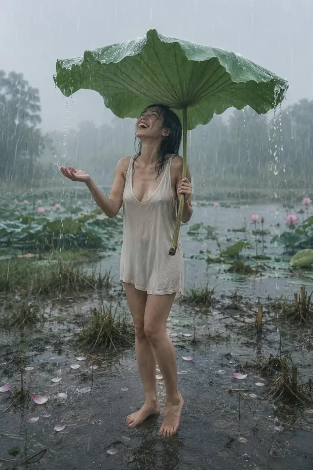 Full-body vertical cinematic photograph of a joyful Japanese woman standing barefoot in a rainy wetland, holding a large detached lotus leaf overhead as an umbrella, with rain falling around her.