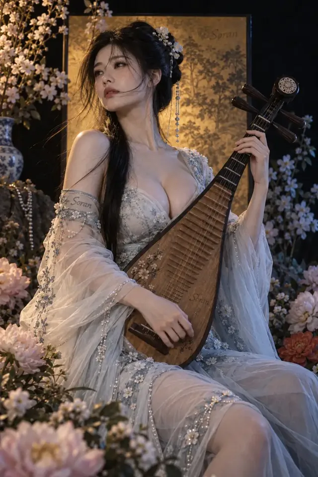 A young East Asian woman with black hair, wearing a translucent white and light blue Hanfu with embroidery, gently holding a wooden pipa vertically. She is in a dark setting surrounded by flowers, with warm golden light on her face and cool blue light defining her edges.