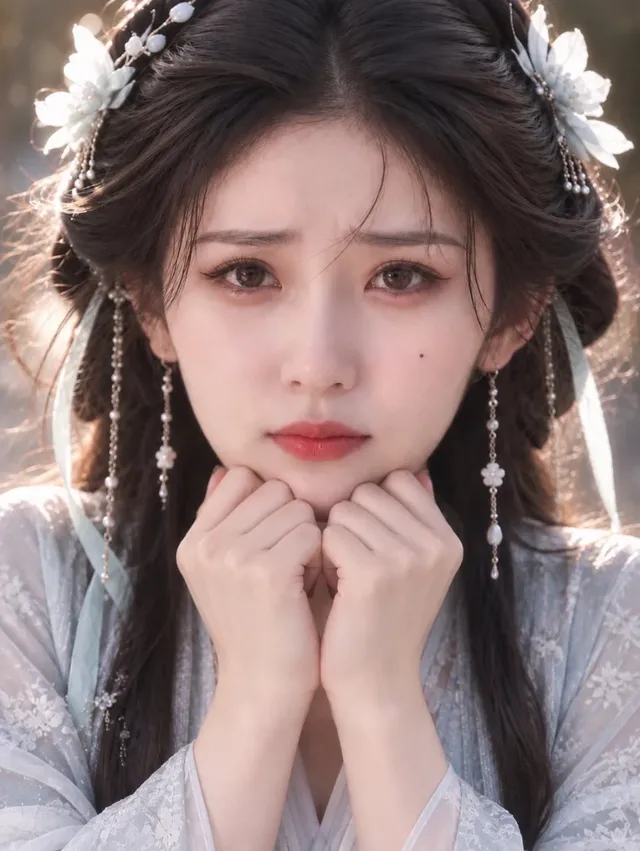 Close-up half-body portrait of a person holding their fists gently under their chin, head tilted slightly down, eyes looking directly at the camera with a look of suppressed tears and deep emotion.