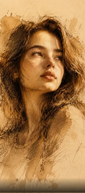 A vertical mixed-media portrait featuring a semi-realistic face with painterly rendering and surrounding expressive ink sketches and watercolor washes.