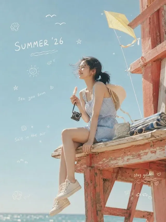 Young Korean woman with a film camera and popsicle sits on a faded coral lifeguard tower, looking towards the ocean, with hand-drawn doodles and text in a dreamy, cinematic style.