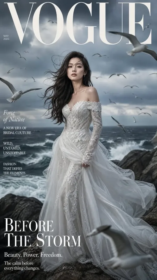 A young Asian woman in a white lace wedding gown stands on coastal rocks against a dark stormy ocean, with seagulls flying around her. Vogue magazine style, dramatic lighting, ultra-realistic.