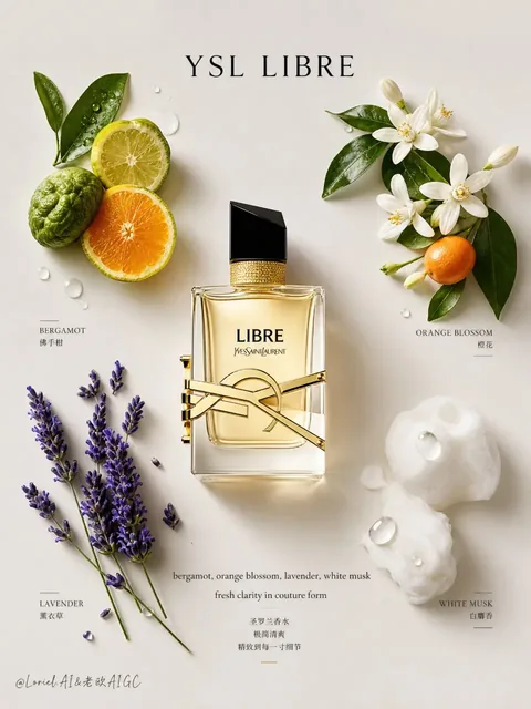 A Guerlain Aqua Allegoria perfume bottle is centrally placed on a pale ivory-gray background, surrounded by artfully arranged mandarin, bergamot, neroli, basil, and white musk elements, evoking a sense of fresh luxury and precision.