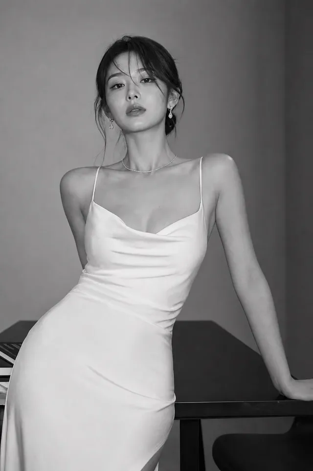 A stunning, ultra-realistic black-and-white studio portrait of a young Korean woman with striking eyes, leaning elegantly against a minimalist desk, wearing a white slip dress and diamond jewelry.
