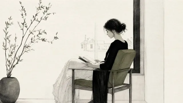 Fine art illustration of a subject, characterized by delicate ink and graphite linework, abundant negative space, and a sophisticated, restrained composition in a monochrome palette.