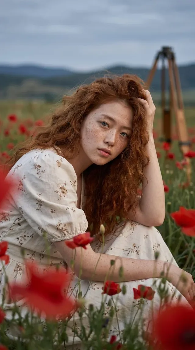 Cinematic editorial portrait of a young woman with ginger curls and freckles in a wild poppy meadow during twilight.