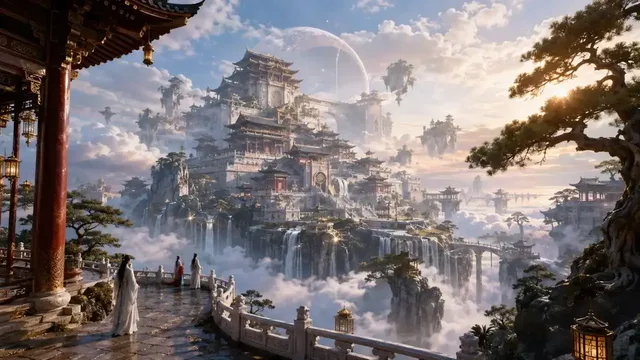 A vast, ancient Chinese celestial palace with white jade bases, red pillars, and gilded roofs, suspended high above a dense, soft sea of clouds. Waterfalls cascade into the mist below, with a few tiny figures on a balcony providing scale. The scene is illuminated by soft, side-backlight, creating a sense of profound depth and divine tranquility.