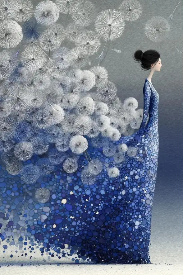 Surreal fashion art with a woman in a dress of organic botanical shapes, surrounded by dandelion seeds and delicate flowers, in a dreamlike, elegant composition.