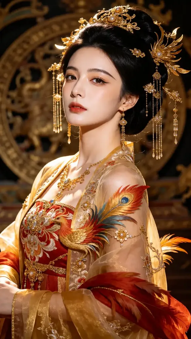 A strikingly beautiful woman with pale skin, sharp features, and dark hair adorned with gold jewelry and tassels. She wears a flowing gold and red gown with phoenix feather accents and is illuminated by backlighting, set against an ancient art installation.