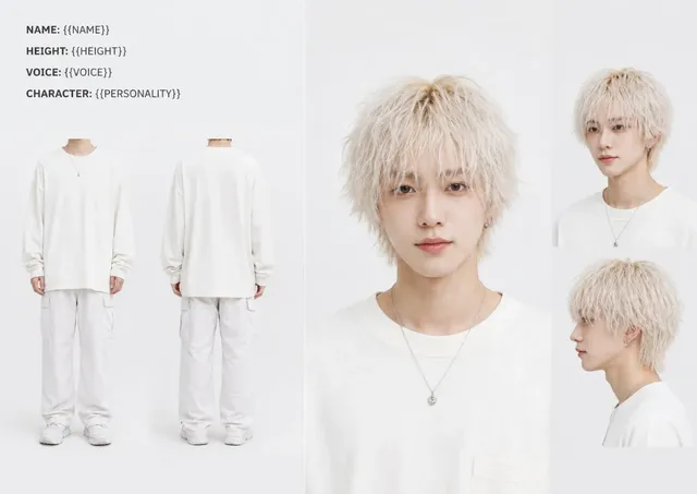 Character identity sheet with front and back body views on the left, and close-up face views (front, 3/4, profile) on the right, presented in a minimalist editorial style.