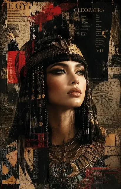 Cleopatra portrait in cinematic noir style, introspective and empowered, with mixed-media elements, graphic textures, and typographic details.