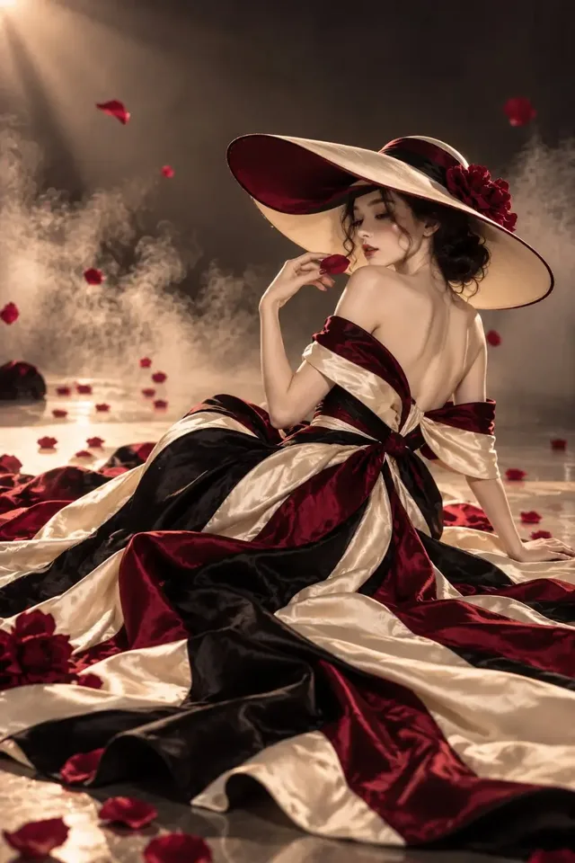 High-fashion nocturne portrait of an elegant Japanese woman in a sculptural oxblood and champagne satin couture gown.