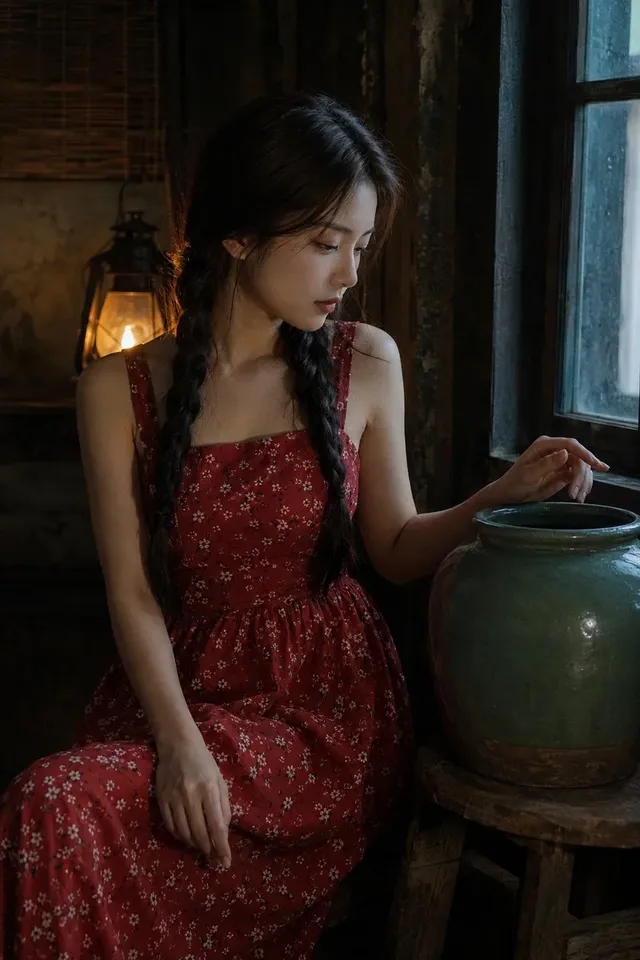 A young East Asian woman with dark hair in braided pigtails sits on a wooden bench in a rustic wooden cabin, holding a large green glazed pottery jar. She looks out a window to the right, with soft morning or rain light illuminating her face and the jar.
