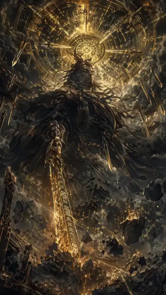 An immense, awe-inspiring Eastern mythical figure, depicted as a colossal entity whose form merges with the sky and land, with a dramatic low-angle shot emphasizing its divine power.