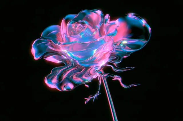 Subject visualized as a flowing, transforming liquid crystal holographic form, rippling with color shifts between two distinct hues, suggesting a responsive, fluid state of matter.