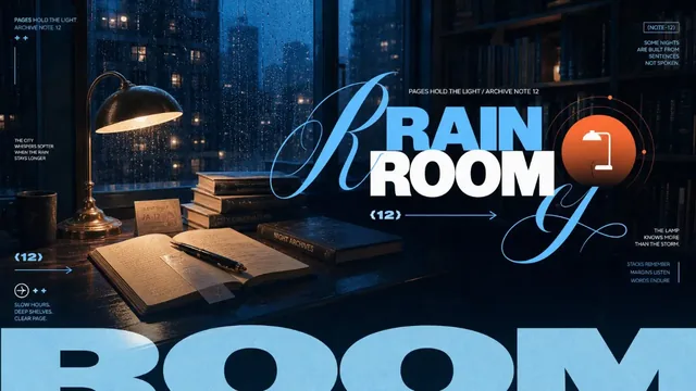 Dark atmospheric night scene with a rainy window, featuring bold stacked blue and white text, a calligraphic blue letterform, and an orange orbit badge.
